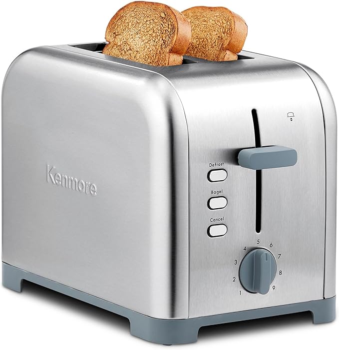 Kenmore toaster 2 slice - extra wide slot countertop kitchen appliance, defrost function, tostador de pan, 9 shade settings, compact design, easy clean crumb tray, bread bagel, stainless steel