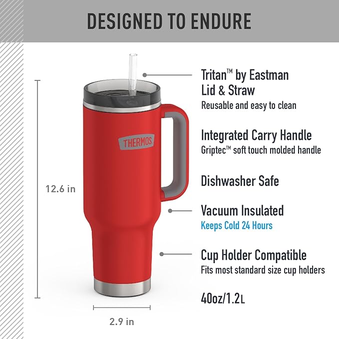 THERMOS Stainless Steel Cup Holder Mug - 40 Ounce, Crimson - Insulated Tumbler with Lid and Straw, Plus Leak-Resistant Slide Lock