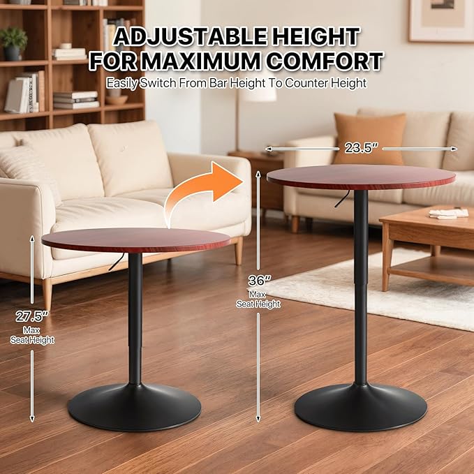 Magshion Round Bar Table, Height-Adjustable 27.5"-36" Tall Pub Tables with Black Leg and Sturdy Base, 360° Swivel Table for Kitchen Bistro Bar Cocktail Table (Red)