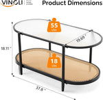 Load image into Gallery viewer, VINGLI 38" Oval Coffee Table with Rattan Shelf, Glass Metal Coffe Table, Skinny Coffee Tables with 2-Tier Storage, Modern Center Table for Living Room, Office, Small Space, Black