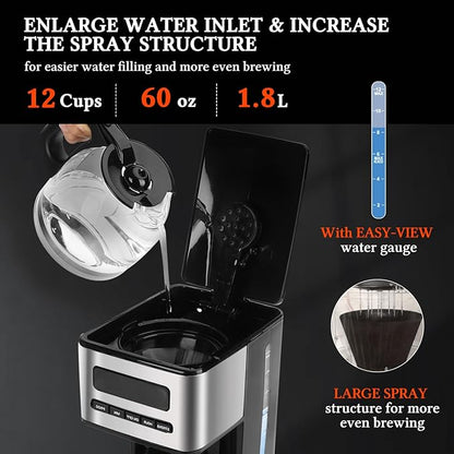 Taylor Swoden Programmable Coffee Makers 12 Cup, Hot and Iced Coffee Maker, 4 Brew Strength, LED Display, 24H Timer, Keep Warm&Auto Shutoff- Drip Coffee Machine for Home/Office, Black &Stainless Steel