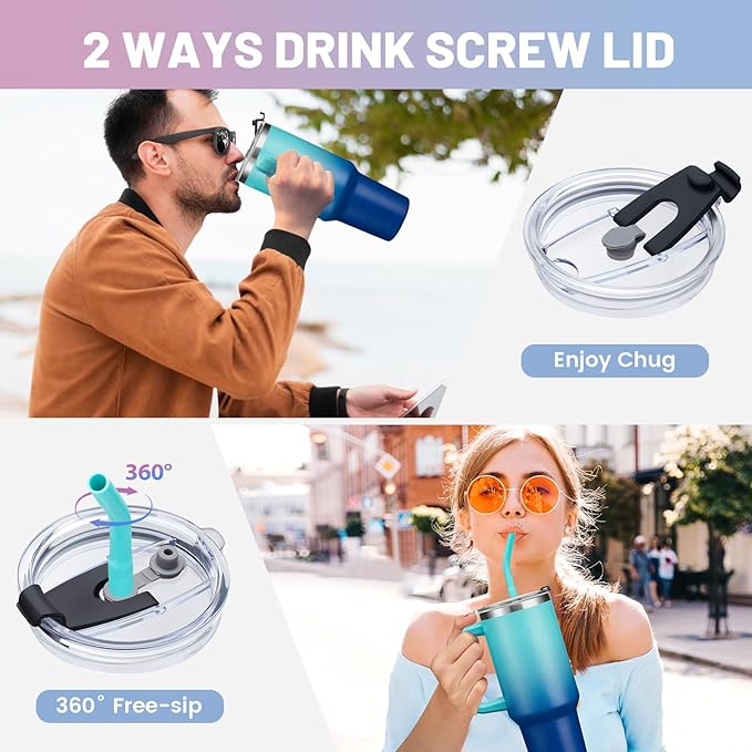 Insulated Tumbler with Handle Straw and Spout - 2-in-1 Lid, 40 oz Water Bottle Keep Cold-34H & Hot-10H, Leakproof, Dishwasher Safe, Stainless Steel Travel Coffee Mug Fits in Car Cup Holder