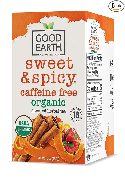 Good Earth Organic Herbal Tea, Sweet & Spicy, Caffeine Free, 18 Count (Pack of 6)