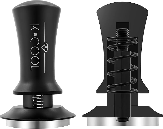 K COO Espresso Tamper, Premium Barista Tools Coffee Tamper with Calibrated Spring 30lb, 100% Stainless Steel Flat Base Tamper with Scale Mark Fits for Breville 54mm Portafilter Basket (53mm, Black)