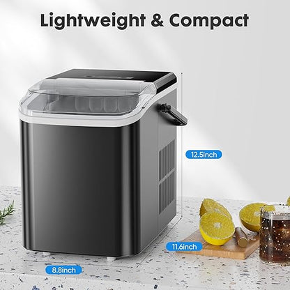 Sweetcrispy Countertop Ice Maker Machine, Portable Self-Cleaning Ice Machine with Ice Scoop, Basket and Handle, 9 Cubes in 6 Mins, 26.5lbs/24Hrs, 2 Sizes of Bullet Ice for Home Kitchen, Coal Black
