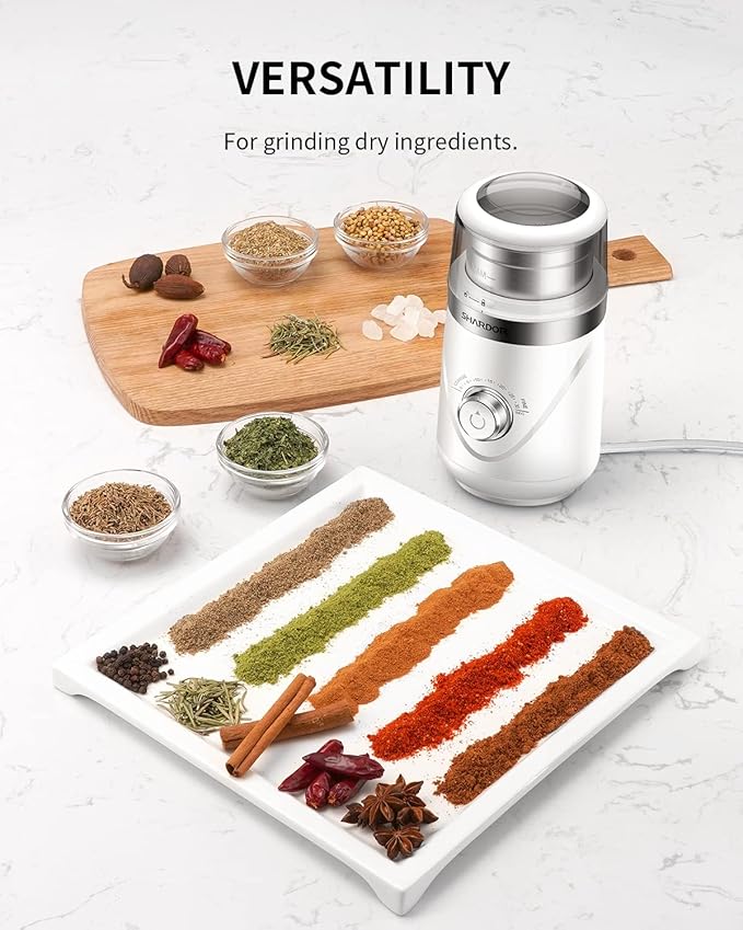 SHARDOR Electric Super Silent Blade Coffee Grinder, Timed Grind Control Rotary Knob, Adjustable Coarse to Fine for Coffee Beans, Spices & Herbs, with 1 Removable Stainless Steel Bowl, White