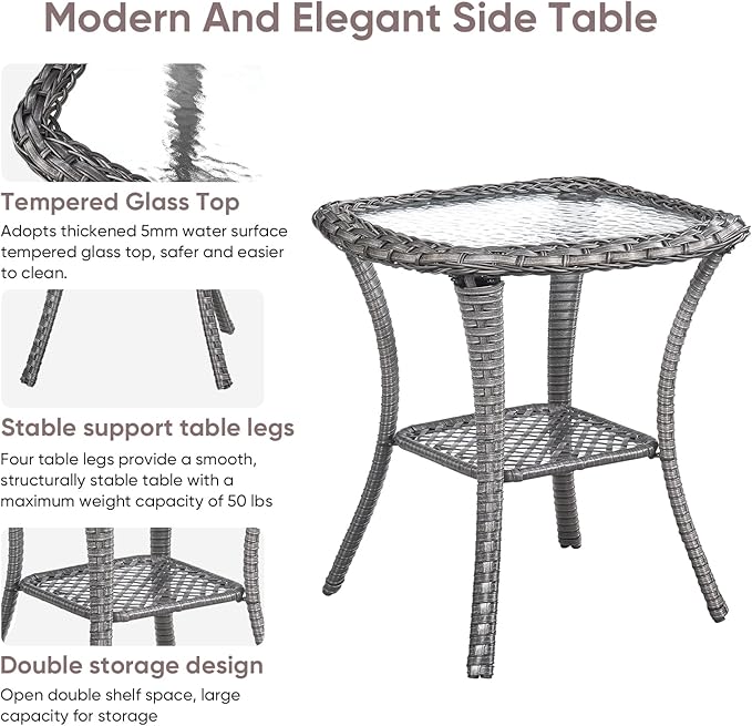 Patio Wicker Side Table, Outdoor PE Rattan End Table with 5mm Tempered Glass Top and 2-Tier Storage Shelf, 20" Square Coffee Table for Deck Porch Garden Backyard-Grey