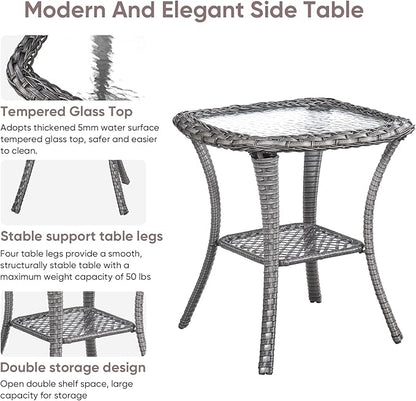 Patio Wicker Side Table, Outdoor PE Rattan End Table with 5mm Tempered Glass Top and 2-Tier Storage Shelf, 20" Square Coffee Table for Deck Porch Garden Backyard-Grey