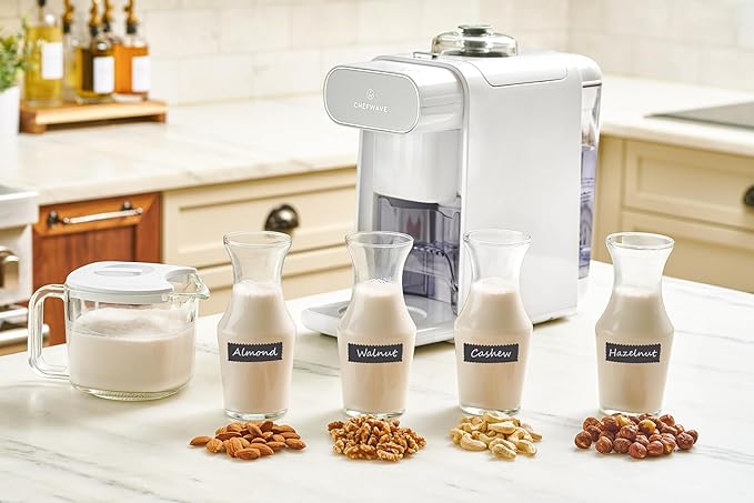 ChefWave Milkmade Non-Dairy Milk Maker (Silver/White)– 6-in-1 Vegan Plant-Based Milk Machine with Auto Clean, Delay Start & Glass Pitcher – Almond, Oat, Soy, Cashew, Coconut, Macadamia Milk Maker