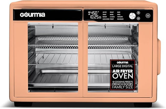 Gourmia French Door Digital Air Fryer Oven - XL 37QT Capacity, 12 Presets, FryForce 360° Tech, Dehydrate, Proof, Slow Cook, Fits 13” Pizza, 1700W, Peach