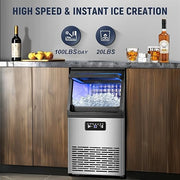 100LBS/24H High Output - Commercial Ice Maker with 20LBS Storage Bin - Dual Water Inlets, 36 Ice Cubes/Cycle, 15