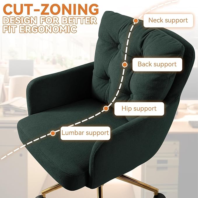 Flannel Office Chair, Comfy Home Office Desk Chairs with Lumbar Support, Modern Velvet Desk Chair Gold Legs Small Swivel Task Chair for Home Office, Bedroom, Study (Green, L)