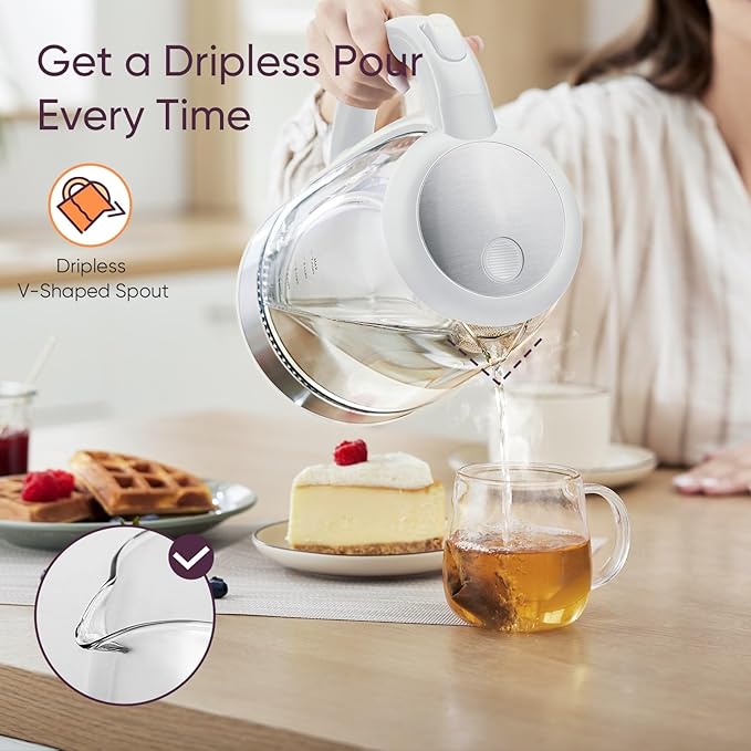 Cosori Electric Kettle, No Plastic Filter & Spout, Tea Kettle & Hot Water Boiler For Coffee & Tea, Water Heater & Teapot, Automatic Shut Off, Borosilicate glass, White, 1.7L/1500W