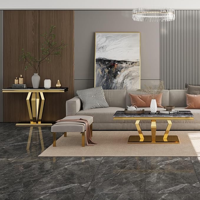 Coffee Table Set with Console Table, 48 inch Black and Gold Coffee Table with Geometric Polished Base, Rectangular Gold Sofa Table for Living Room