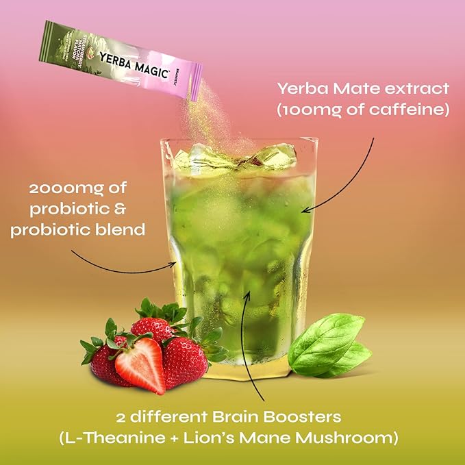 Yerba Magic Strawberry Matcha Instant Tea, 3-in-1 Super Drink - Clean Energy, Brain Fog Buster, and Gut Health Powered by Nootropics, Prebiotics and Probiotics | Yerba Mate 20 Stick Packs