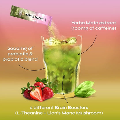 Yerba Magic Strawberry Matcha Instant Tea, 3-in-1 Super Drink - Clean Energy, Brain Fog Buster, and Gut Health Powered by Nootropics, Prebiotics and Probiotics | Yerba Mate 20 Stick Packs