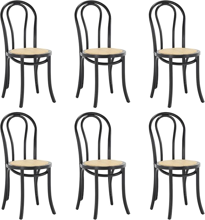 Kmax Vintage Dining Chairs Set of 6, Thonet Soild Wood Rattan Dining Room Chairs Armless French Country Kitchen Chairs for Wedding Hotel Dessert Shop Cafe Business, Black