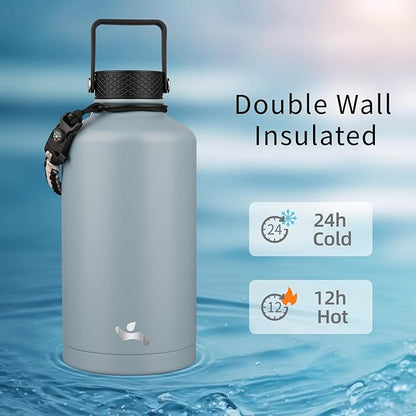 Insulated Water Bottle with Straw,87 oz 3 Lids Water Jug with Carrying Bag,Paracord Handle,Double Wall Vacuum Stainless Steel Metal Flask,Storm Blue