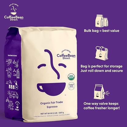 Coffee Bean Direct Organic Fair Trade Espresso, Whole Bean Coffee, Dark Roast, 5 Pound Bag (Pack of 1)