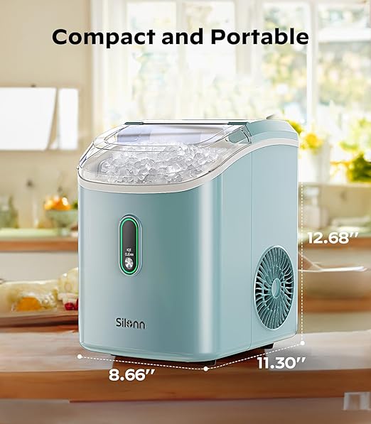 Silonn Nugget Ice Maker Countertop, Portable Pellet Ice Machine with Self-Cleaning Function, Sonic Ice Maker Produces 33lbs of Chewable Ice in 24 Hours, Ideal for Home Kitchen and Office, Green