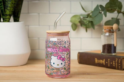 Silver Buffalo Sanrio Hello Kitty Neon Fruits Rainbows and Hearts Pattern Glass Jar Tumbler with Bamboo Lid and Glass Straw, 16 Ounces