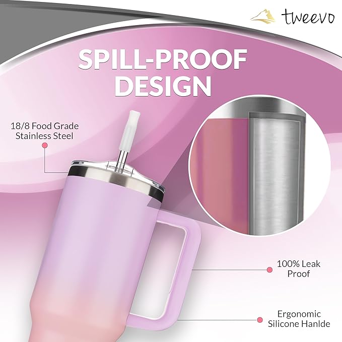 40 oz Tumbler With Handle and Straw Made of Stainless Steel - Double Wall Vacuum Insulated Tumbler With Lid - Sweat Proof Easy Grip, BPA-Free, Dishwasher Safe Tumbler (Amethyst)