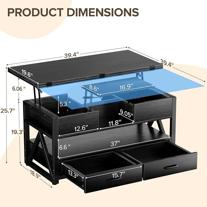 40" Lift Top Coffee Table,4 in 1 Multi-Function Lift Coffee Tables with Storage Drawers and Hidden Compartmen,Farmhouse Coffee Table with Lifting top for Living Room,Black