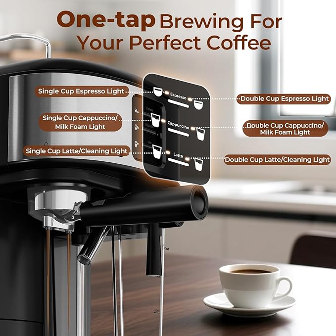 20 Bar Compact Espresso Machine with Milk Frother, 3-in-1 Stainless Steel Coffee Machine with 57oz Removable Water Tank for Home, Office