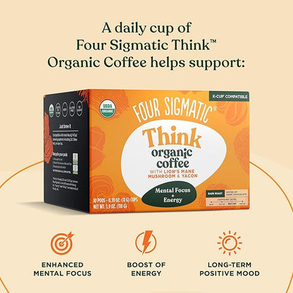 Four Sigmatic Mushroom Coffee K-Cups | Organic Dark Roast Coffee with Lion’s Mane Mushroom Powder & Yacon | Focus & Immune Support | Vegan & Keto | Sustainable Pods | 10 Count