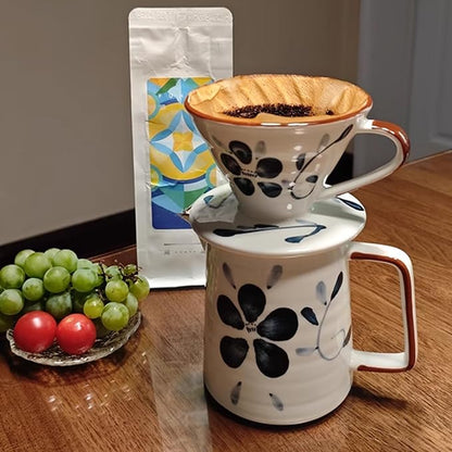 Ceramic Pour Over Coffee Maker Set, 60 Angle Ceramic Coffee Dripper with Single Hole, Coffee Pot & 100 Paper Filters for Home, Travel, Camping (1-2 Cup)