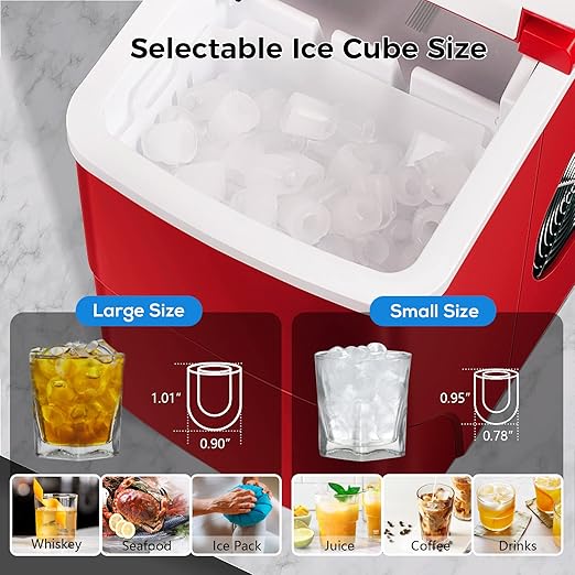 AGLUCKY Ice Makers Countertop with Self-Cleaning, 26lbs/24hrs, 9 Cubes Ready in 6 Mins, Portable Ice Machine with 2 Sizes Bullet Ice/Ice Scoop/Basket for Home/Kitchen/Office/Bar/Party, Red