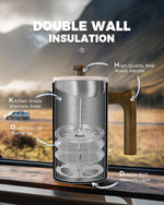 Load image into Gallery viewer, POLIVIAR French Press Coffee Maker, 34 Ounce Coffee Press with Real Wood Handle, Double Wall Insulation &amp; Dual-Filter Screen, Food Grade Stainless Steel for Good Coffee and Tea JX2023-FPLM