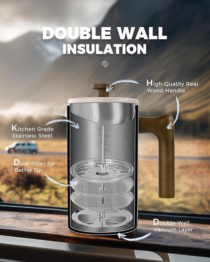 POLIVIAR French Press Coffee Maker, 34 Ounce Coffee Press with Real Wood Handle, Double Wall Insulation & Dual-Filter Screen, Food Grade Stainless Steel for Good Coffee and Tea JX2023-FPLM