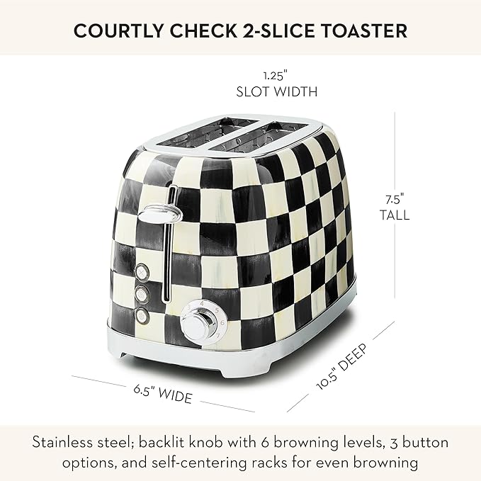 MACKENZIE-CHILDS 2-Slice Toaster, Decorative Toaster for Kitchen, Black-and-White Courtly Check