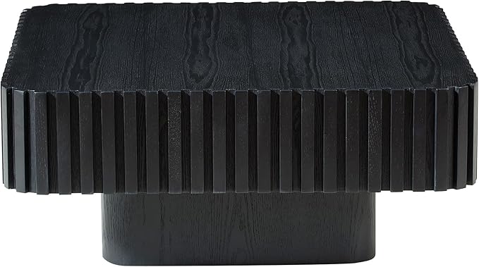 Square Wood Coffee Table for Living Room Modern Drum Wooden Fluted Handcraft Center Tea Cocktail Small Space, Easy Assembly 31.5" W x13.77 H Black