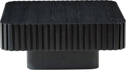 Square Wood Coffee Table for Living Room Modern Drum Wooden Fluted Handcraft Center Tea Cocktail Small Space, Easy Assembly 31.5" W x13.77 H Black