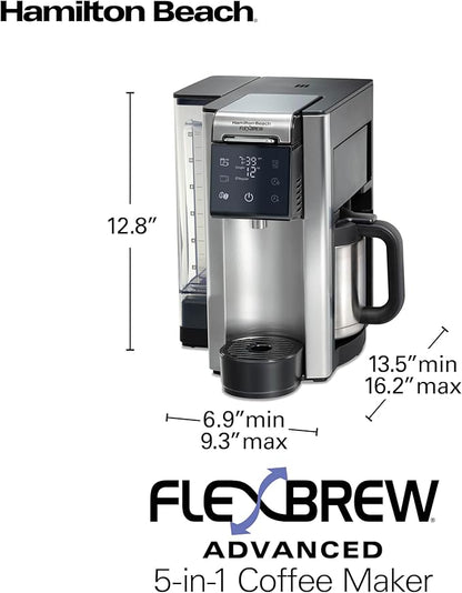 Hamilton Beach FlexBrew Advanced 5-in-1 Thermal Programmable 12 Cup Drip and Single Serve Hot & Iced Coffee Maker, Movable 60oz. Water Reservoir, Use Pod Packs and Grounds, Fast Brewing, Black (49929)