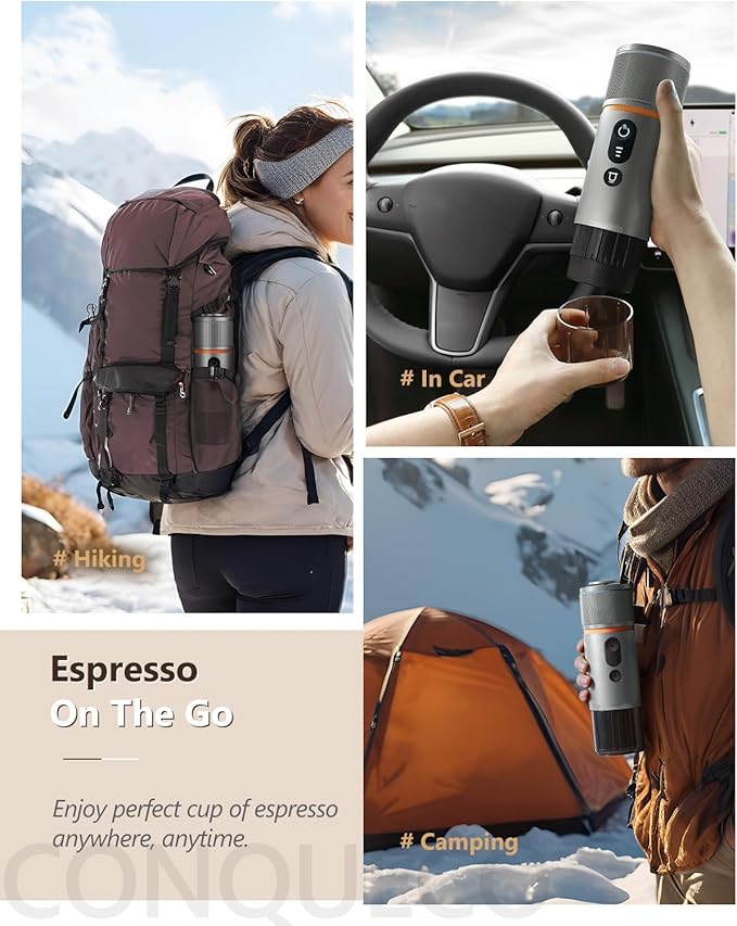CONQUECO Portable Espresso Coffee Machine: 12V Electric Small Travel Expresso Maker - Self Heating 8 Cups Battery Powered Compatible for Nespresso Capsule - for Camping RV Hiking Office (Pearl White)