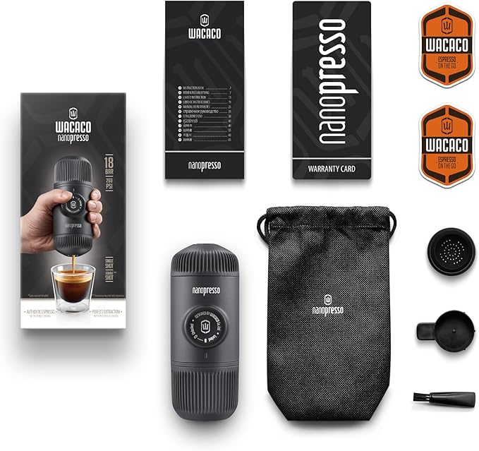 WACACO Nanopresso Portable Espresso Maker,Upgraded Version of Minipresso, 18 Bar Pressure Ground Coffee, Small Travel Coffee Maker, Manually Operated, Perfect for Trips and Camping Outdoor