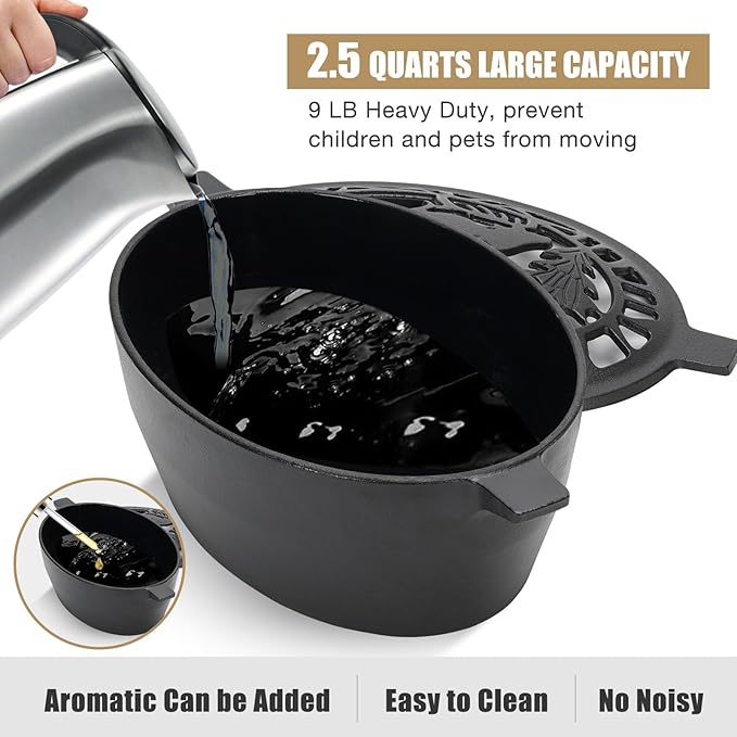 Wood Stove Steamer 2.5 Quart, Humidifier with Decorative Deer Pattern, Cast Iron, Rust Resistant Matte Black