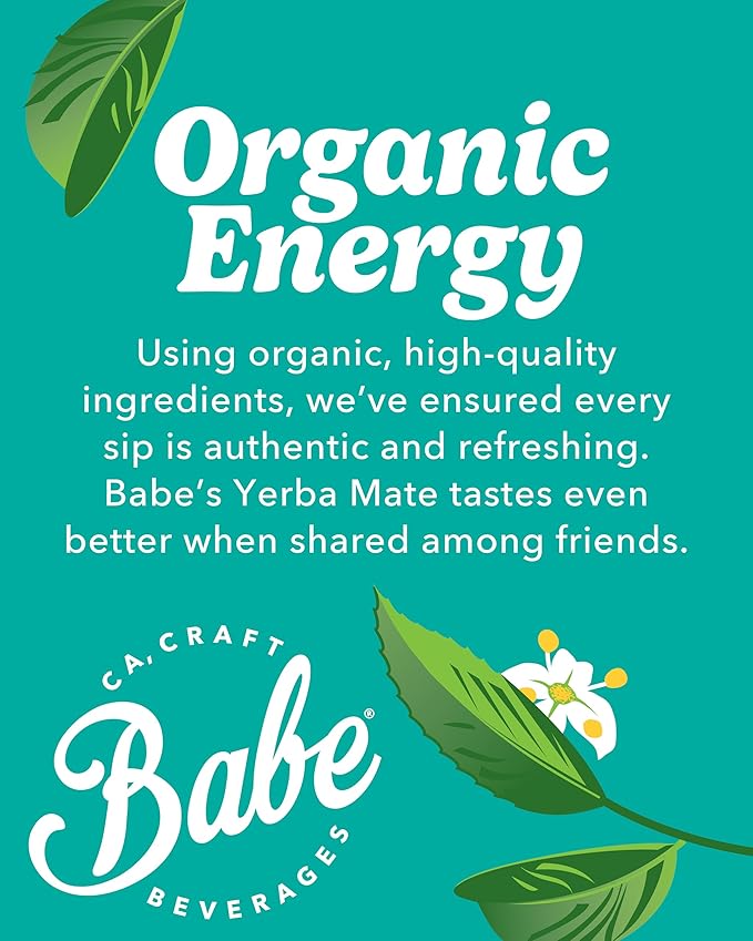 Babe Organic Yerba Mate Energy Drinks | NO SUGAR ADDED with 150mg Plant-Based Caffeine | Natural Yerba Mate Tea with No Crash, No Jitters - Peach Mango (12 x 16oz Cans)