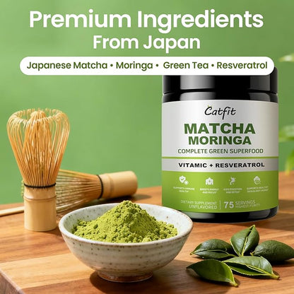 Matcha Powder – Superfood Blend with Moringa & Green Tea & Resveratrol, Energy & Focus Support, Immune & Antioxidant Defense, Vegan, Gluten-Free, 8oz