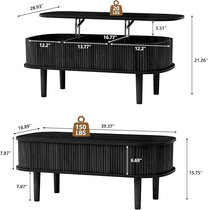 Fluted Lift Top Coffee Table with Hidden Compartment, Fully Assembled Wooden Center Table, Modern Oval Lift Tabletop for Home Living Room Office, Black