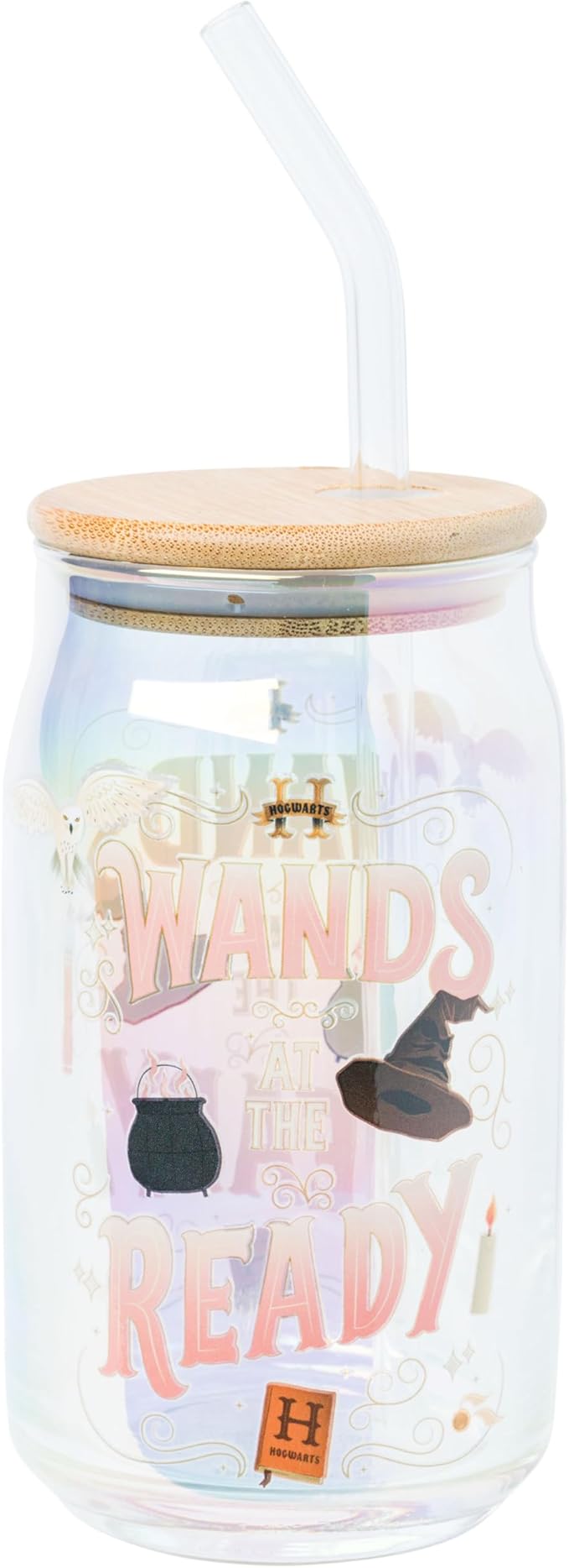 Silver Buffalo Harry Potter Iconic Icons Pattern Wands at the Ready 2 Pack Glass Jar Tumbler with Bamboo Lid and Glass Straw, 16 Ounces