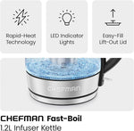 Load image into Gallery viewer, CHEFMAN Electric Kettle - 1.2L 1500W Hot Water Tea Pot with Infuser, BPA Free, Auto Shut Off, Boil-Dry Protection, Removable Lid, LED Light, Cordless Glass Electric Tea Kettle – Stainless Steel