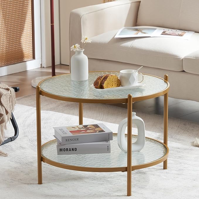 VINGLI 25.6" Small Matte Gold Round Coffee Table Water-Wave Glass Circle Clear Coffee Table, Center Table with 2-Tier Modern Storage Design for Living Room, Bedroom, Meeting Room, Balcony, Patio