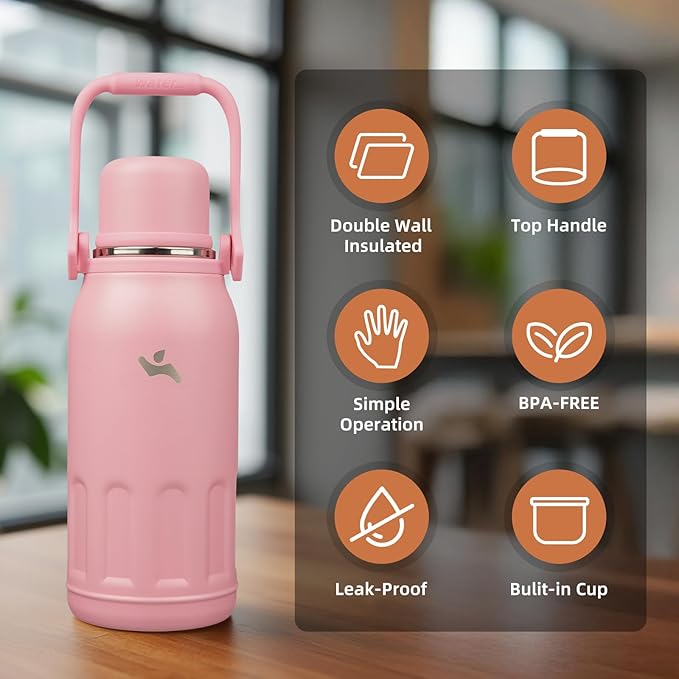 Insulated Water Bottle with Handle and Strap,Vacuum Travel Tumbler with Cup Lid,Thermo Coffee Cup for Hot Cold Drinks 40 OZ,Pink