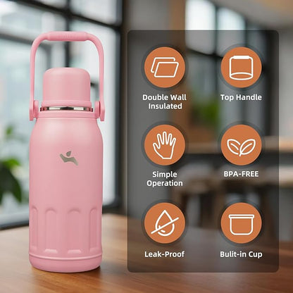 Insulated Water Bottle with Handle and Strap,Vacuum Travel Tumbler with Cup Lid,Thermo Coffee Cup for Hot Cold Drinks 40 OZ,Pink