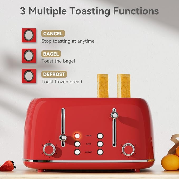 Toaster 4 Slice, Retro Stainless with 6 Bread Shade Settings,1.5''Wide Slots Toaster with Cancel/Defrost/Reheat,Dual Independent Control Panel(Red)