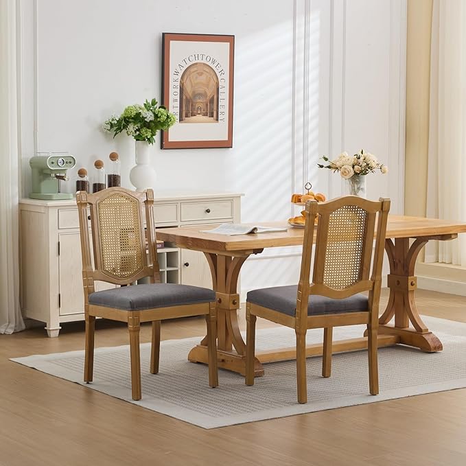 Vintage French Country Dining Chairs Set of 6, Grey Cane Back Rattan Dining Chairs with Linen Upholstered Seat, Solid Wood Legs, Farmhouse Kitchen & Dining Room, Sillas De Comedor (Gray, 6Pcs)
